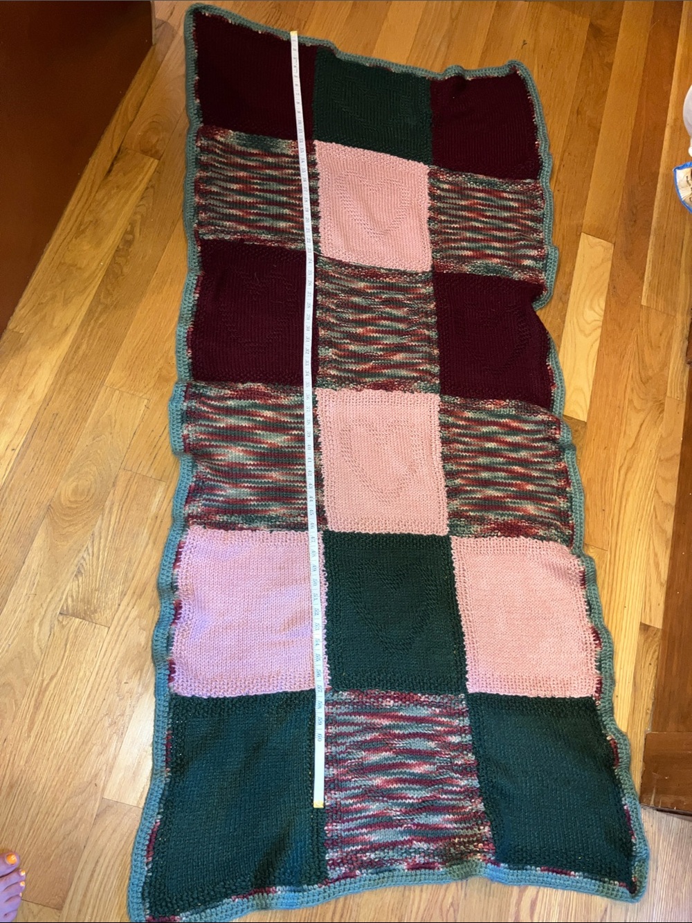 HANDMADE PATCHWORK  HAND KNIT AFGHAN - Pink, Green, Burgundy HEARTS GRAMMACORE